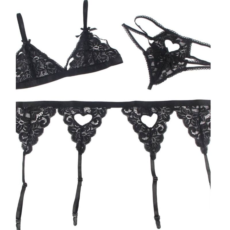 SUBBLIME - 3-PIECE SET BRA + GARTER BELT + THONG S/M