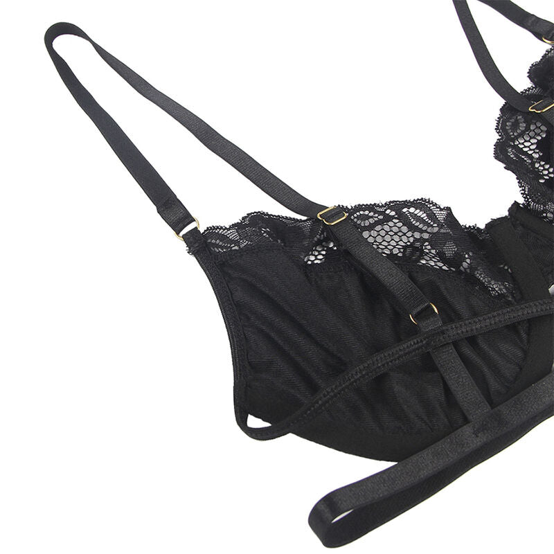 SUBBLIME - 3-PIECE SET BRA + THONG + GARTER BLACK LACE S/M