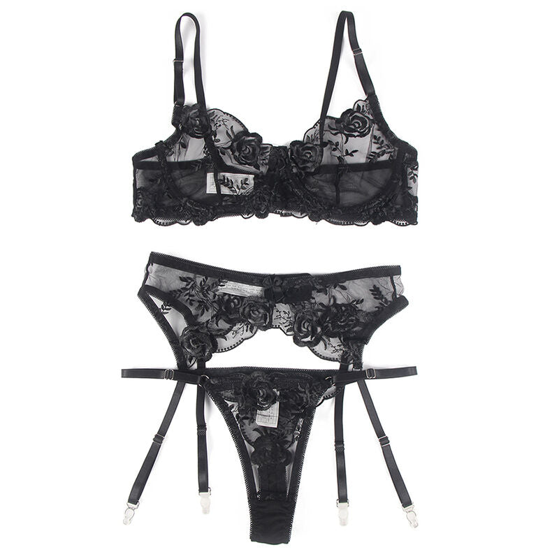 SUBBLIME - 3-PIECE SET BRA + THONG + GARTER BLACK FLORAL PRINT S/M