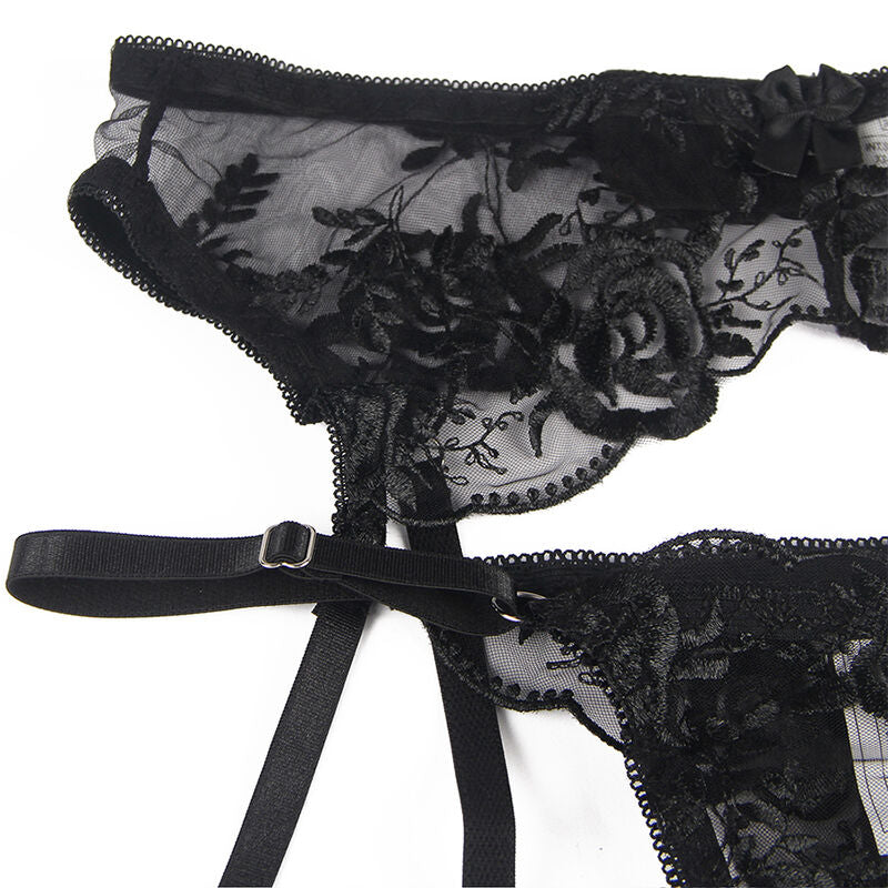 SUBBLIME - 3-PIECE SET BRA + THONG + GARTER BLACK FLORAL PRINT S/M