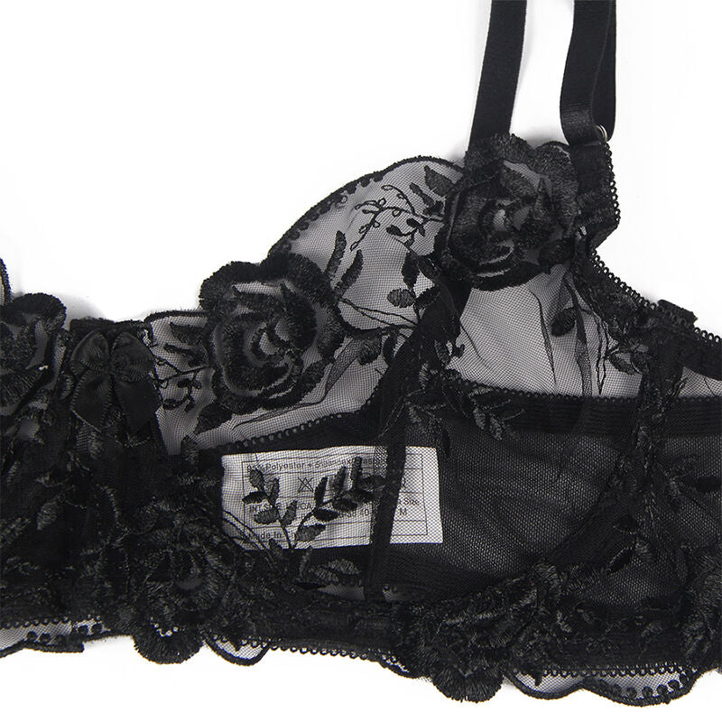 SUBBLIME - 3-PIECE SET BRA + THONG + GARTER BLACK FLORAL PRINT S/M