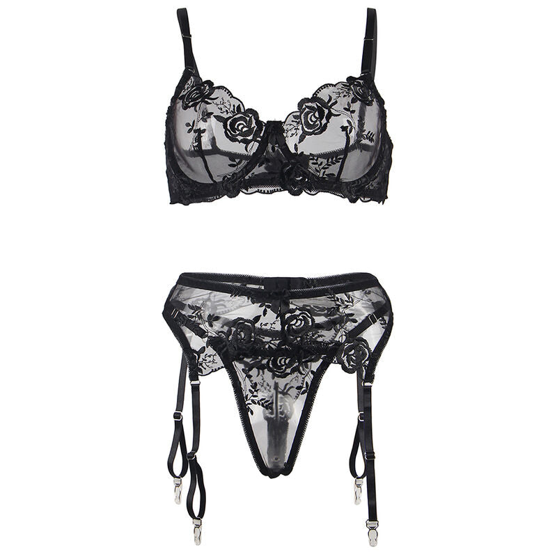 SUBBLIME - 3-PIECE SET BRA + THONG + GARTER BLACK FLORAL PRINT S/M