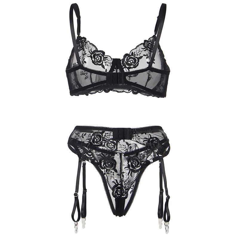 SUBBLIME - 3-PIECE SET BRA + THONG + GARTER BLACK FLORAL PRINT S/M