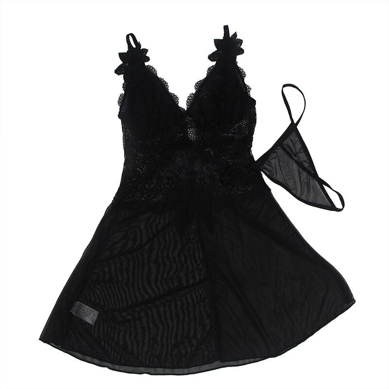 SUBBLIME - BABYDOLL TULLE FABRIC WITH LACE AND FLOWER DETAILS, BLACK S/M