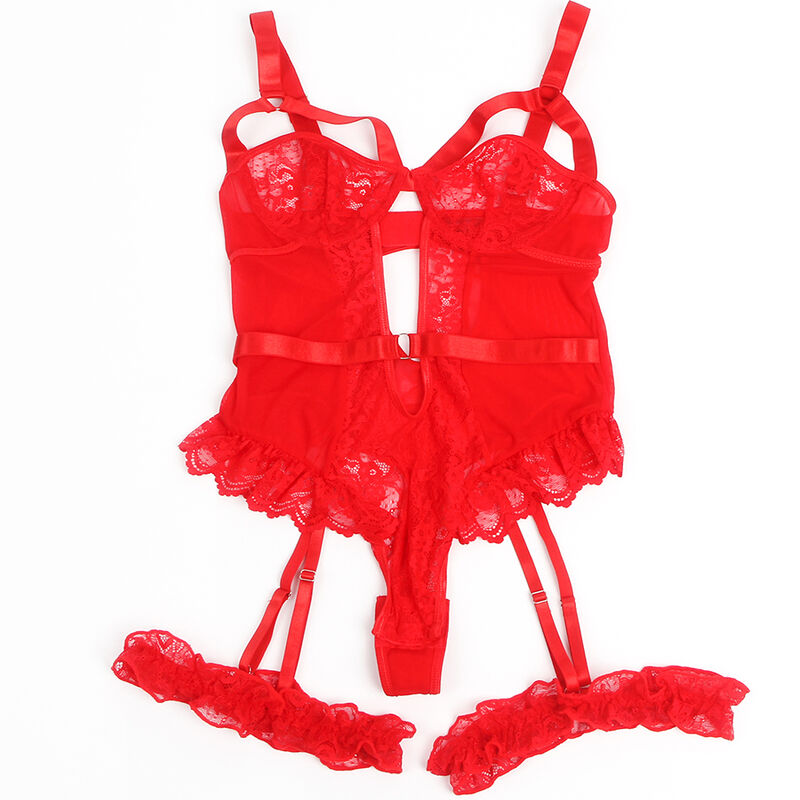 SUBBLIME - TEDDY WITH GARTER, LACE DETAIL AND STRAPS, RED S/M