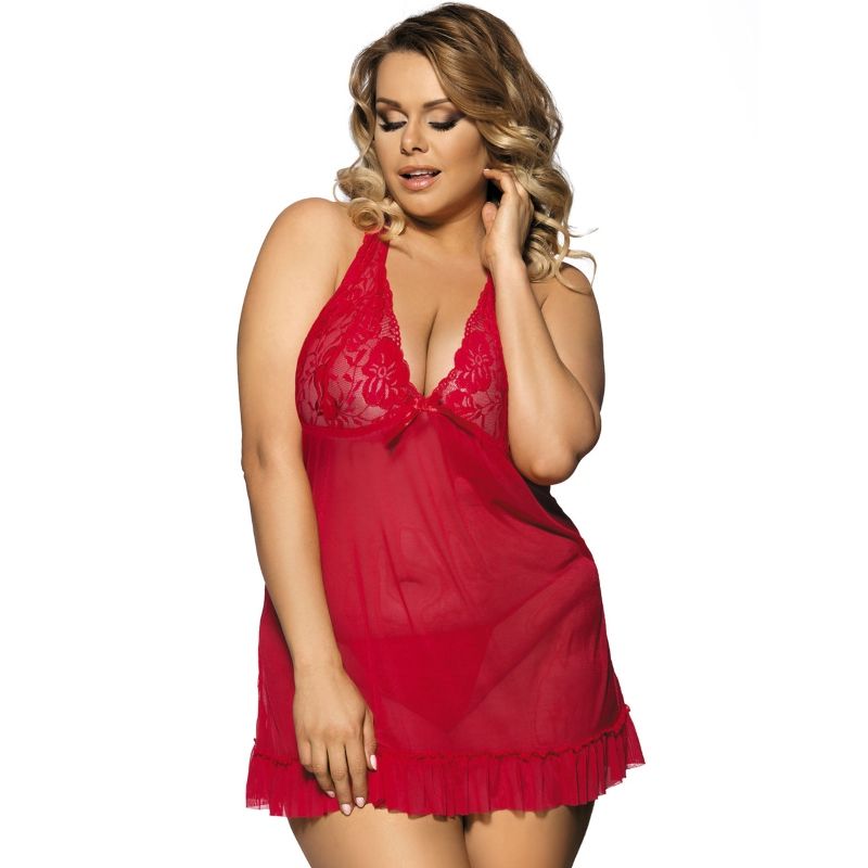 SUBBLIME - RED FLORAL BABYDOLL WITH CHEST DECORATIONS, PLUS SIZE