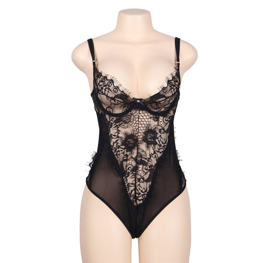 SUBBLIME - LARGE BLACK FRINGED FLORAL LACE TEDDY